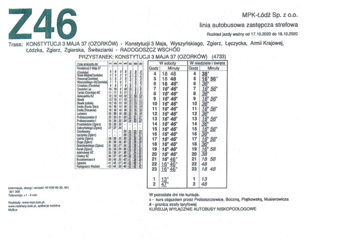 Rozkład jazdy: Konstytucji 3-go Maja 37 (Ozorków) – Radogoszcz Wschód (Łódź)