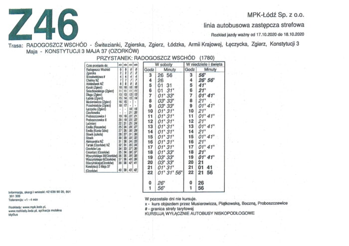 Rozkład jazdy: Radogoszcz Wschód (Łódź) – Konstytucji 3-go Maja 37 (Ozorków)